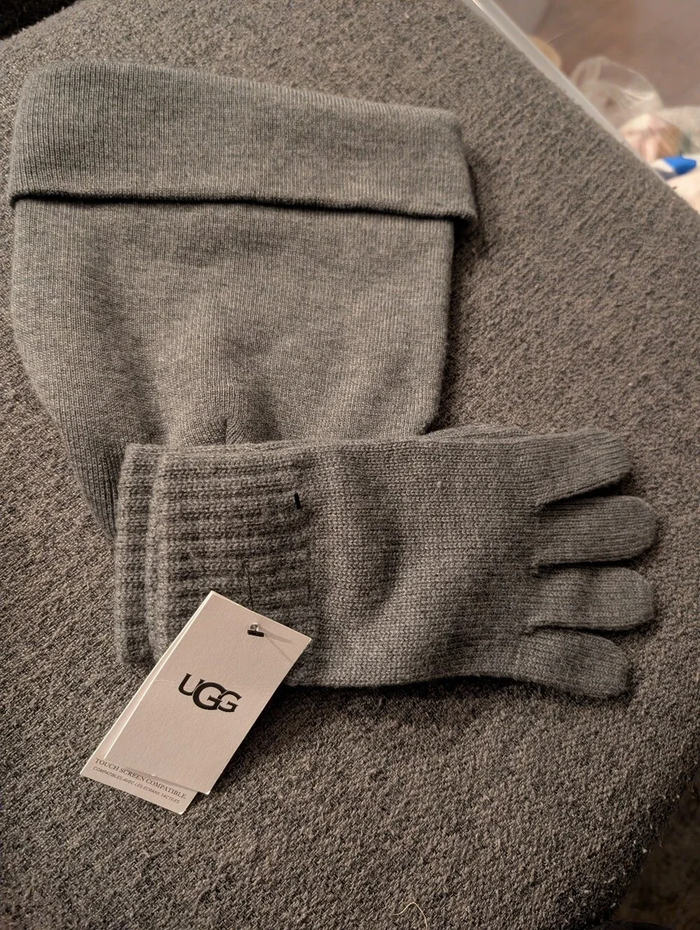 UGG Australia Wool Blend Ribbed Cuff Beanie & Gloves 2 Piece Set
